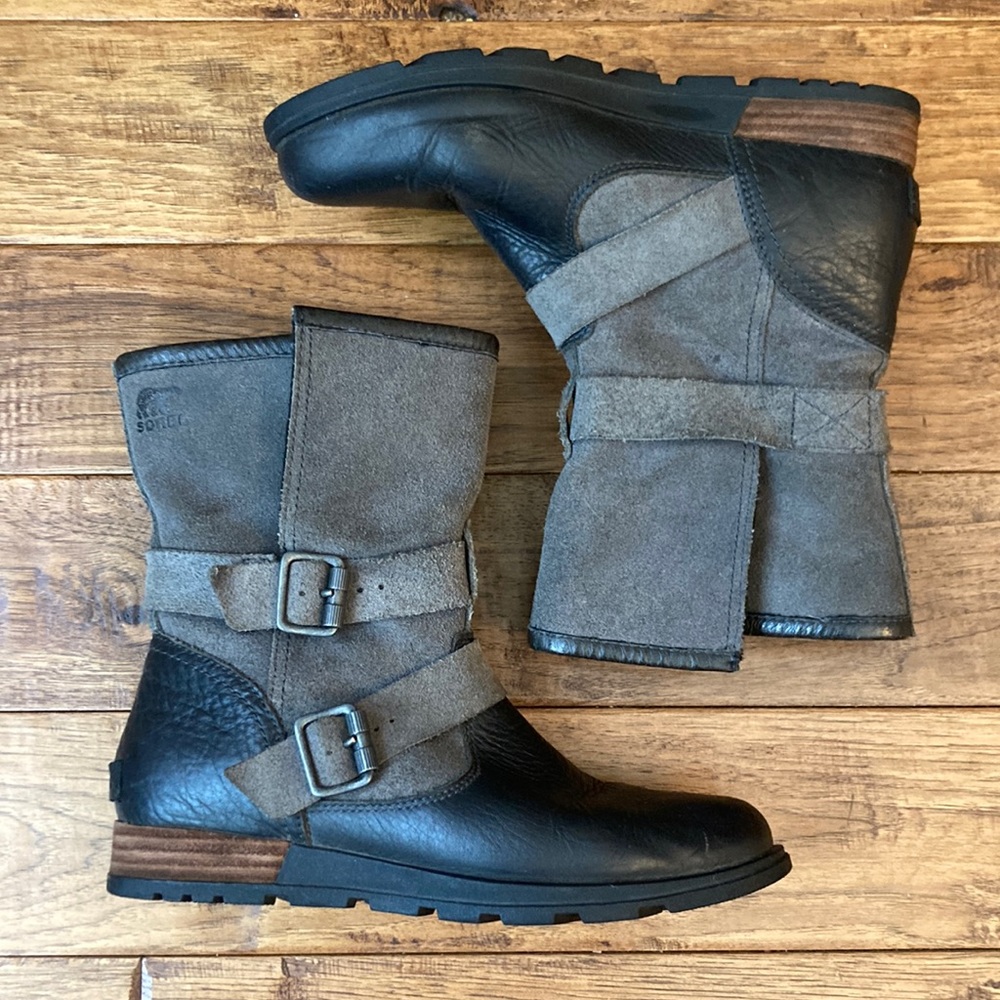 Sorel Major Moto Boots Foldover Biker Style Boots in Dark Gray / Black Leather 8
